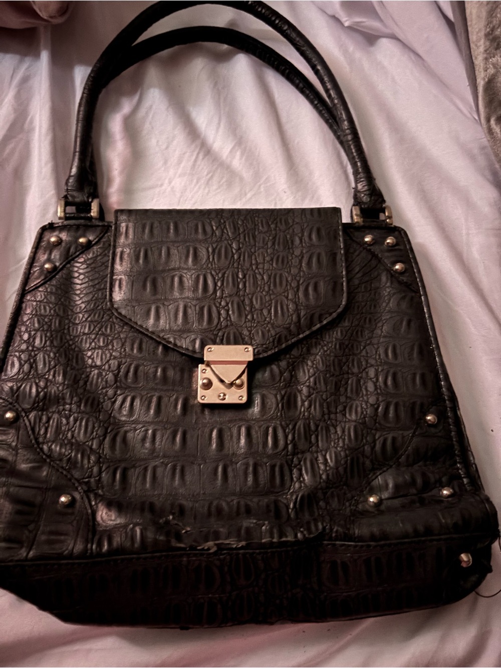 Diva Black Croc-Embossed Satchel with Gold-Tone Lock